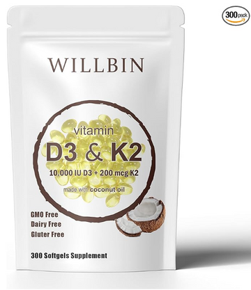 2-in-1 Vitamin D3 K2 Supplement Softgel, 10000 IU Vit D3 + 200 MCG Vitamin K2, Free of GMO, GLuten, Soy, Bone Health, Cardiovascular Health Support, Aiding in Calcium Absorption, 300 Pcs