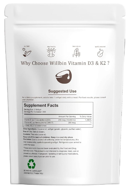 2-in-1 Vitamin D3 K2 Supplement Softgel, 10000 IU Vit D3 + 200 MCG Vitamin K2, Free of GMO, GLuten, Soy, Bone Health, Cardiovascular Health Support, Aiding in Calcium Absorption, 300 Pcs