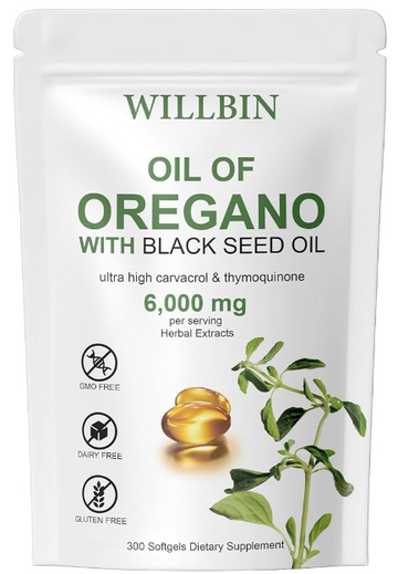 2 in 1 6000mg Oil of Oregano with Black Seed Oil 200mg Softgels, Extra Strength Oil of Oregano Supplement, Non-GMO, Dairy Free, Gluten Free, Organic Oregano Oil, 300 Softgels (2)