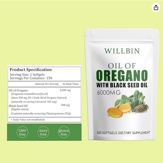 2 in 1 6000mg Oil of Oregano with Black Seed Oil 200mg Softgels, Extra Strength Oil of Oregano Supplement, Non-GMO, Dairy Free, Gluten Free, Organic Oregano Oil, 300 Softgels (2)